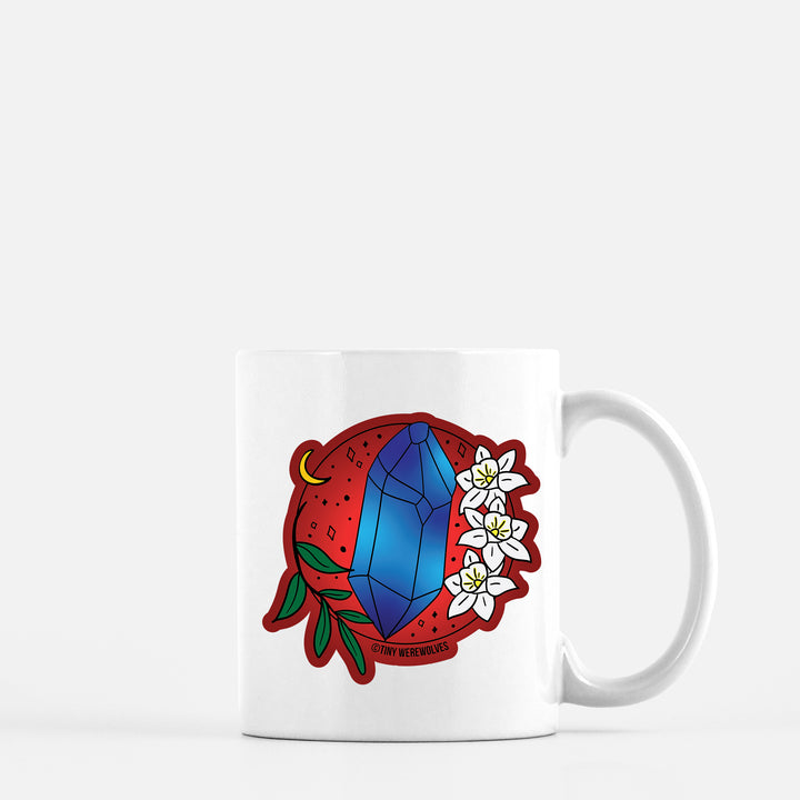 Based in Chicago by queer artist & designer Kayla Pekkala - Tiny Werewolves | December Crystal & Flower Birthstone Mug in 11 oz | Shop to get your Mug with collections featuring retro-inspired designs infused with social commentary art, highlighting modern social & current events.