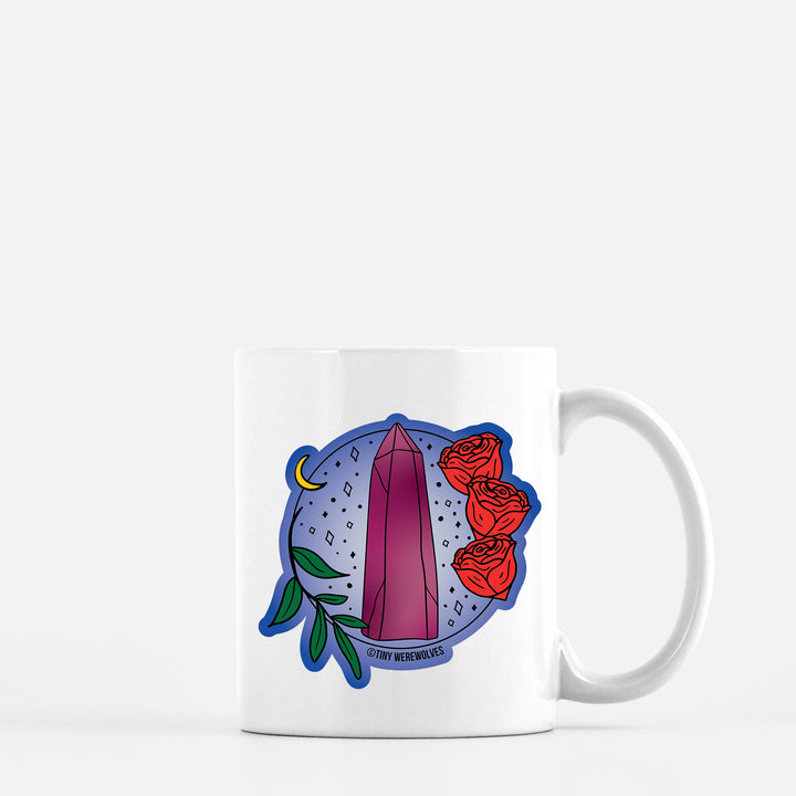 Based in Chicago by queer artist & designer Kayla Pekkala - Tiny Werewolves | June Crystal & Flower Birthstone Mug in 11 oz | Shop to get your Mug with collections featuring retro-inspired designs infused with social commentary art, highlighting modern social & current events.