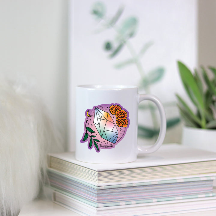 Based in Chicago by queer artist & designer Kayla Pekkala - Tiny Werewolves | October Crystal & Flower Birthstone Mug in | Shop to get your Mug with collections featuring retro-inspired designs infused with social commentary art, highlighting modern social & current events.