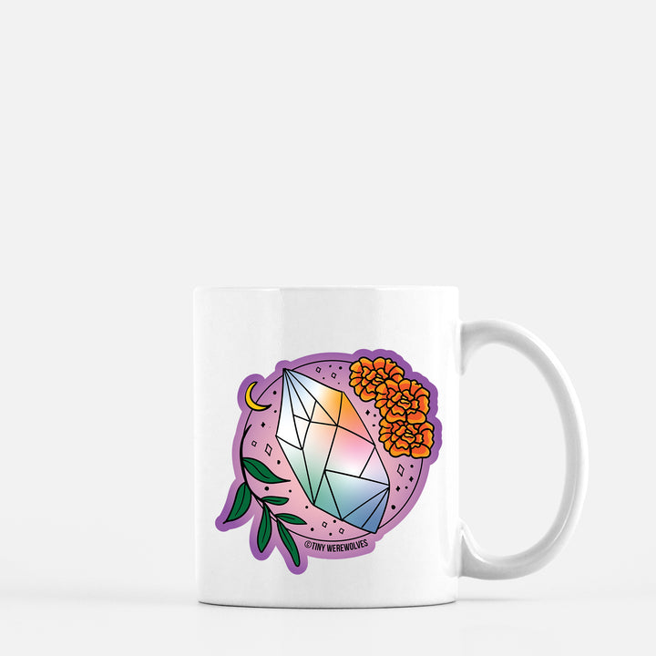 Based in Chicago by queer artist & designer Kayla Pekkala - Tiny Werewolves | October Crystal & Flower Birthstone Mug in 11 oz | Shop to get your Mug with collections featuring retro-inspired designs infused with social commentary art, highlighting modern social & current events.