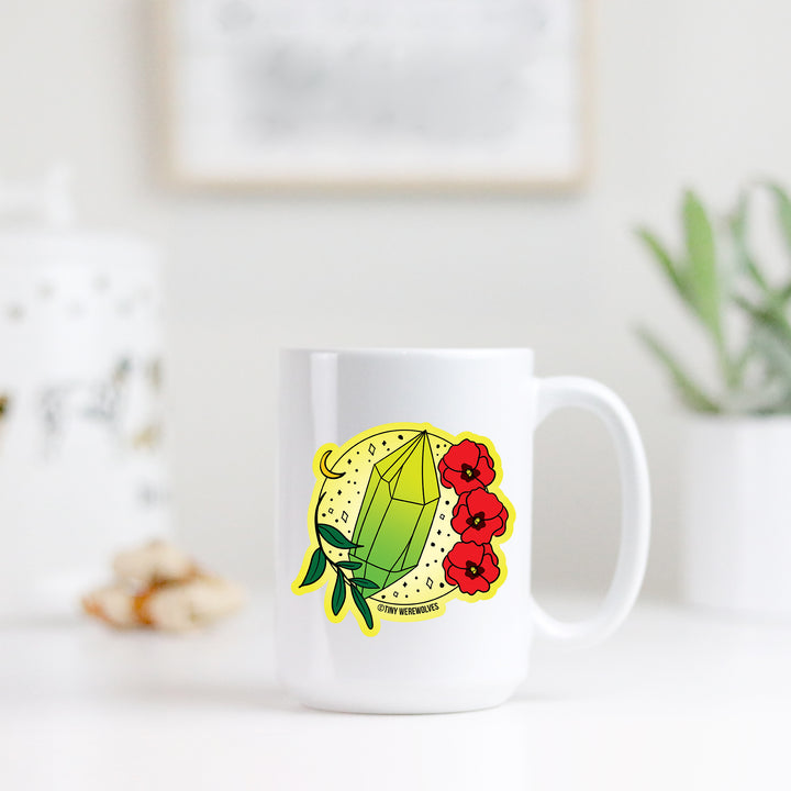 Based in Chicago by queer artist & designer Kayla Pekkala - Tiny Werewolves | August Crystal & Flower Birthstone Mug in | Shop to get your Mug with collections featuring retro-inspired designs infused with social commentary art, highlighting modern social & current events.