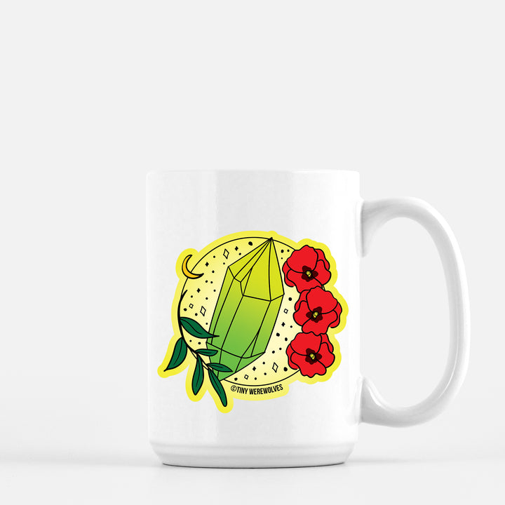 Based in Chicago by queer artist & designer Kayla Pekkala - Tiny Werewolves | August Crystal & Flower Birthstone Mug in 15 oz | Shop to get your Mug with collections featuring retro-inspired designs infused with social commentary art, highlighting modern social & current events.