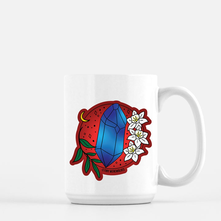 Based in Chicago by queer artist & designer Kayla Pekkala - Tiny Werewolves | December Crystal & Flower Birthstone Mug in 15 oz | Shop to get your Mug with collections featuring retro-inspired designs infused with social commentary art, highlighting modern social & current events.