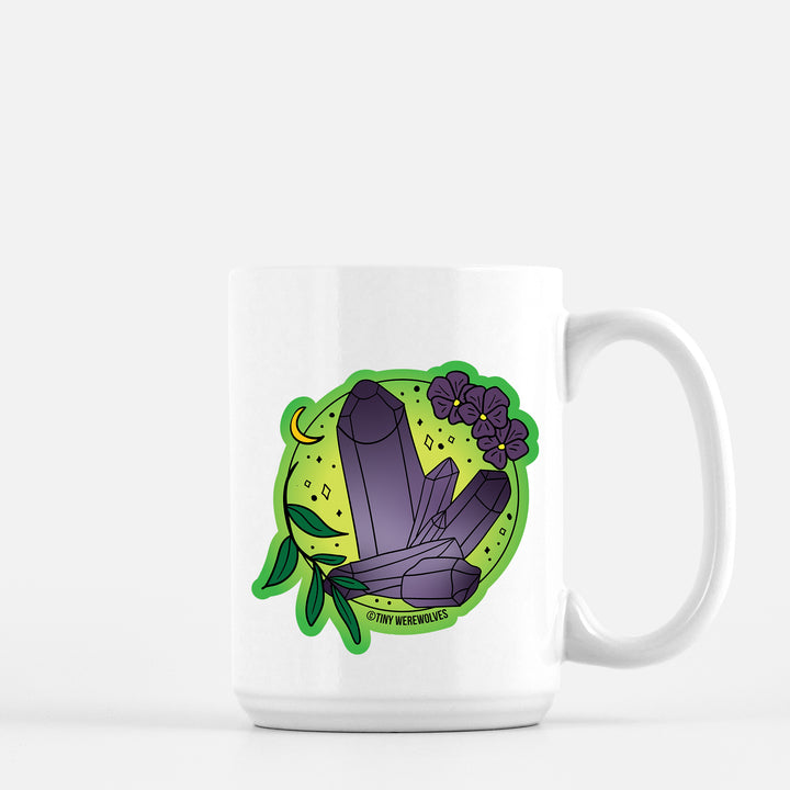 Based in Chicago by queer artist & designer Kayla Pekkala - Tiny Werewolves | February Crystal & Flower Birthstone Mug in 15 oz | Shop to get your Mug with collections featuring retro-inspired designs infused with social commentary art, highlighting modern social & current events.