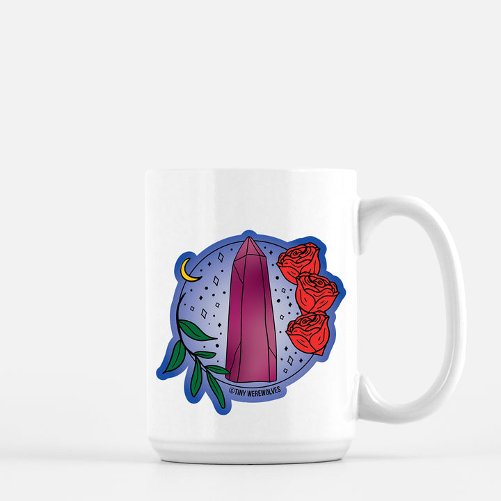 Based in Chicago by queer artist & designer Kayla Pekkala - Tiny Werewolves | June Crystal & Flower Birthstone Mug in 15 oz | Shop to get your Mug with collections featuring retro-inspired designs infused with social commentary art, highlighting modern social & current events.