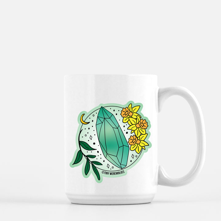 Based in Chicago by queer artist & designer Kayla Pekkala - Tiny Werewolves | March Crystal & Flower Birthstone Mug in 15 oz | Shop to get your Mug with collections featuring retro-inspired designs infused with social commentary art, highlighting modern social & current events.