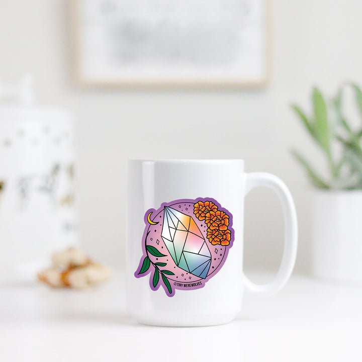 Based in Chicago by queer artist & designer Kayla Pekkala - Tiny Werewolves | October Crystal & Flower Birthstone Mug in | Shop to get your Mug with collections featuring retro-inspired designs infused with social commentary art, highlighting modern social & current events.
