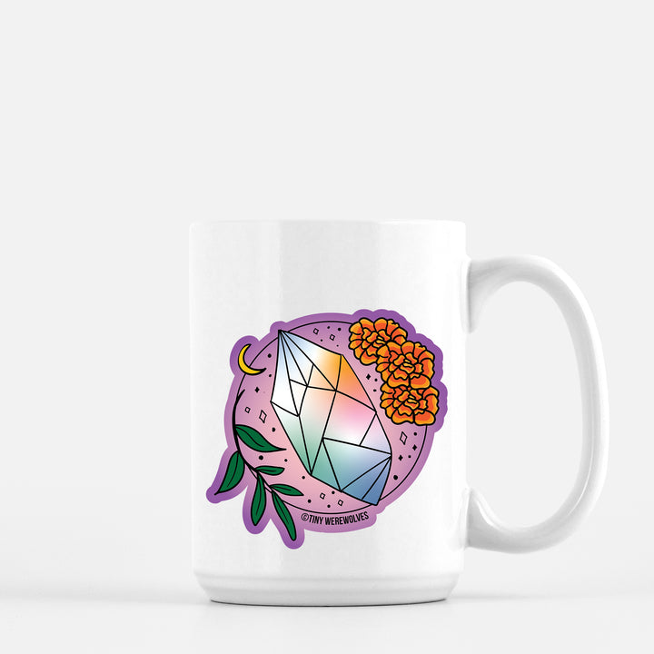Based in Chicago by queer artist & designer Kayla Pekkala - Tiny Werewolves | October Crystal & Flower Birthstone Mug in 15 oz | Shop to get your Mug with collections featuring retro-inspired designs infused with social commentary art, highlighting modern social & current events.