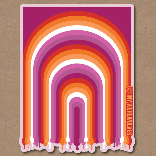 Based in Chicago by queer artist & designer Kayla Pekkala - Tiny Werewolves | Lesbian Dripping Rainbow Sticker in | Shop to get your Sticker with collections featuring retro-inspired designs infused with social commentary art, highlighting modern social & current events.