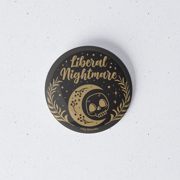 Based in Chicago by queer artist & designer Kayla Pekkala - Tiny Werewolves | Liberal Nightmare 1" Mini Button Pin in | Shop to get your Metal Pinback Button with collections featuring retro-inspired designs infused with social commentary art, highlighting modern social & current events.