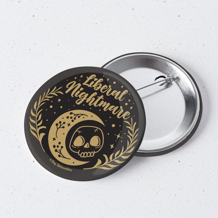 Based in Chicago by queer artist & designer Kayla Pekkala - Tiny Werewolves | Liberal Nightmare 1" Mini Button Pin in | Shop to get your Metal Pinback Button with collections featuring retro-inspired designs infused with social commentary art, highlighting modern social & current events.