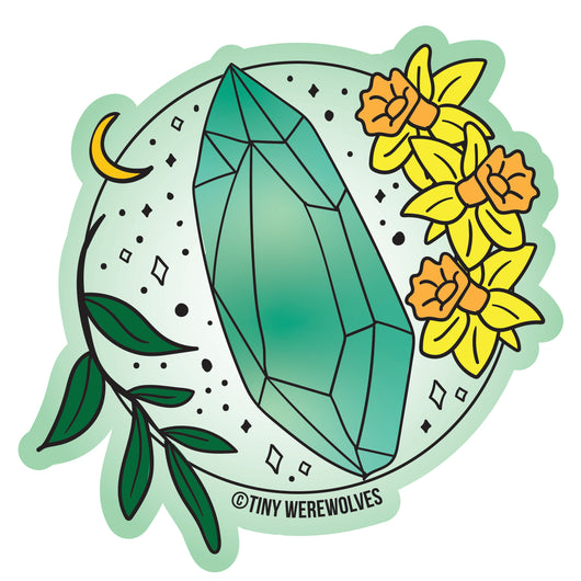 Based in Chicago by queer artist & designer Kayla Pekkala - Tiny Werewolves | March Crystal & Flower Birthstone Sticker in | Shop to get your Sticker with collections featuring retro-inspired designs infused with social commentary art, highlighting modern social & current events.