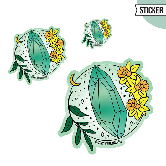 Based in Chicago by queer artist & designer Kayla Pekkala - Tiny Werewolves | March Crystal & Flower Birthstone Sticker in | Shop to get your Sticker with collections featuring retro-inspired designs infused with social commentary art, highlighting modern social & current events.