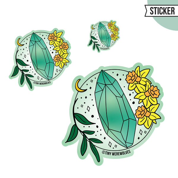 Based in Chicago by queer artist & designer Kayla Pekkala - Tiny Werewolves | March Crystal & Flower Birthstone Sticker in | Shop to get your Sticker with collections featuring retro-inspired designs infused with social commentary art, highlighting modern social & current events.