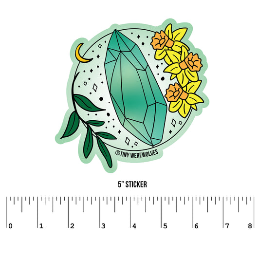 Based in Chicago by queer artist & designer Kayla Pekkala - Tiny Werewolves | March Crystal & Flower Birthstone Sticker in 5" Sticker | Shop to get your Sticker with collections featuring retro-inspired designs infused with social commentary art, highlighting modern social & current events.