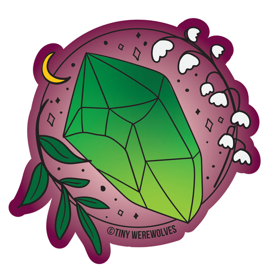 Based in Chicago by queer artist & designer Kayla Pekkala - Tiny Werewolves | May Crystal & Flower Birthstone Sticker in | Shop to get your Sticker with collections featuring retro-inspired designs infused with social commentary art, highlighting modern social & current events.