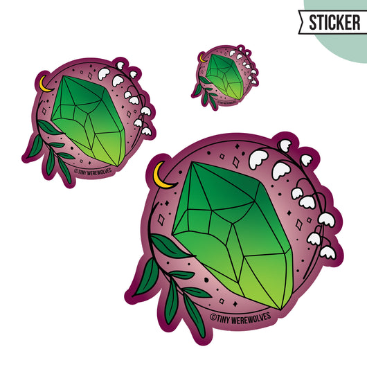 Based in Chicago by queer artist & designer Kayla Pekkala - Tiny Werewolves | May Crystal & Flower Birthstone Sticker in | Shop to get your Sticker with collections featuring retro-inspired designs infused with social commentary art, highlighting modern social & current events.