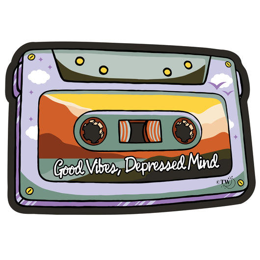 Based in Chicago by queer artist & designer Kayla Pekkala - Tiny Werewolves | Good Vibes, Depressed Mind Mixtape Sticker in | Shop to get your Sticker with collections featuring retro-inspired designs infused with social commentary art, highlighting modern social & current events.