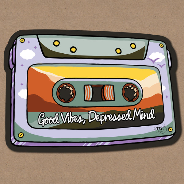 Based in Chicago by queer artist & designer Kayla Pekkala - Tiny Werewolves | Good Vibes, Depressed Mind Mixtape Sticker in 5" Sticker | Shop to get your Sticker with collections featuring retro-inspired designs infused with social commentary art, highlighting modern social & current events.