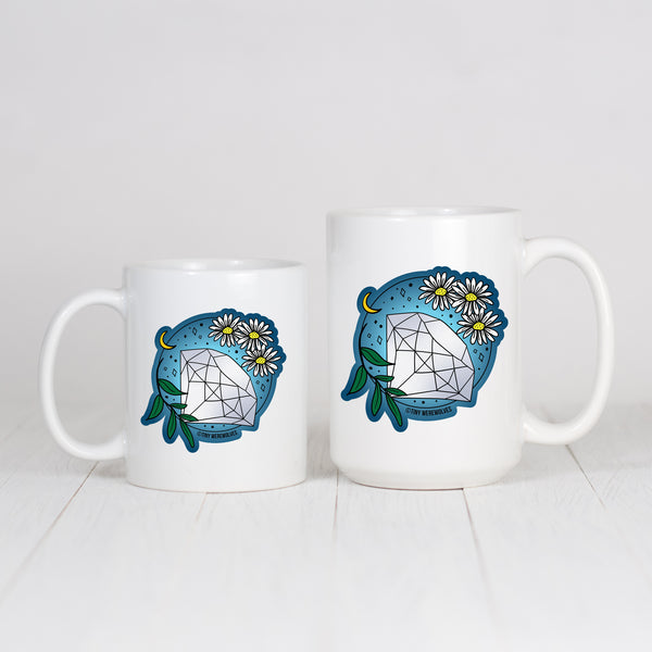 Based in Chicago by queer artist & designer Kayla Pekkala - Tiny Werewolves | April Crystal & Flower Birthstone Mug in | Shop to get your Mug with collections featuring retro-inspired designs infused with social commentary art, highlighting modern social & current events.