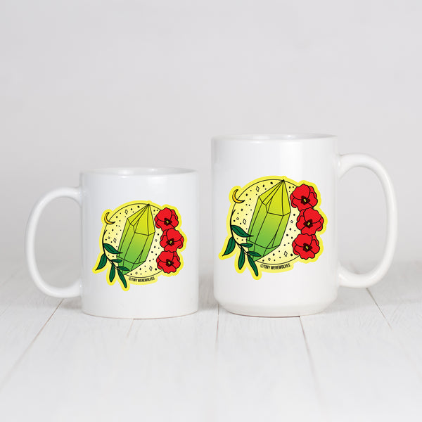 Based in Chicago by queer artist & designer Kayla Pekkala - Tiny Werewolves | August Crystal & Flower Birthstone Mug in | Shop to get your Mug with collections featuring retro-inspired designs infused with social commentary art, highlighting modern social & current events.