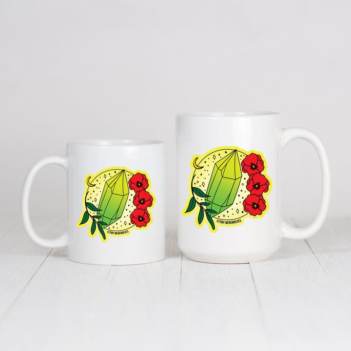Based in Chicago by queer artist & designer Kayla Pekkala - Tiny Werewolves | August Crystal & Flower Birthstone Mug in | Shop to get your Mug with collections featuring retro-inspired designs infused with social commentary art, highlighting modern social & current events.