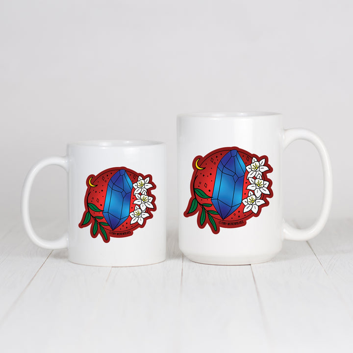 Based in Chicago by queer artist & designer Kayla Pekkala - Tiny Werewolves | December Crystal & Flower Birthstone Mug in | Shop to get your Mug with collections featuring retro-inspired designs infused with social commentary art, highlighting modern social & current events.