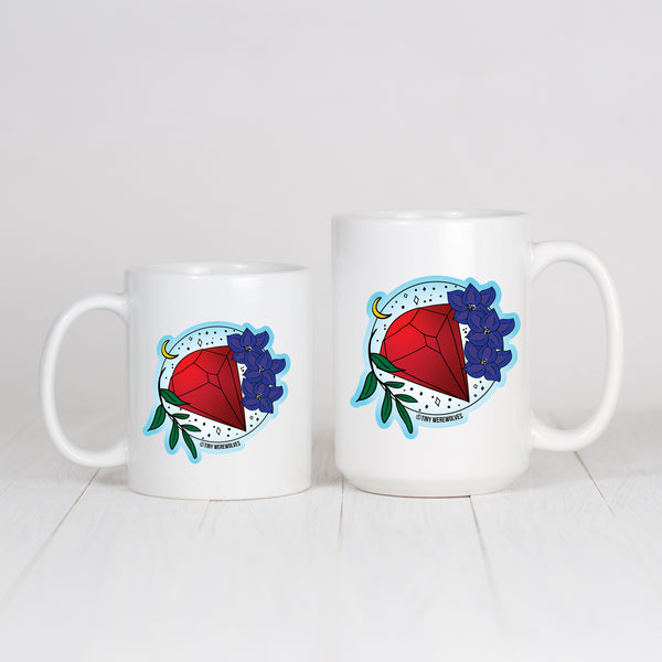 Based in Chicago by queer artist & designer Kayla Pekkala - Tiny Werewolves | July Crystal & Flower Birthstone Mug in | Shop to get your Mug with collections featuring retro-inspired designs infused with social commentary art, highlighting modern social & current events.