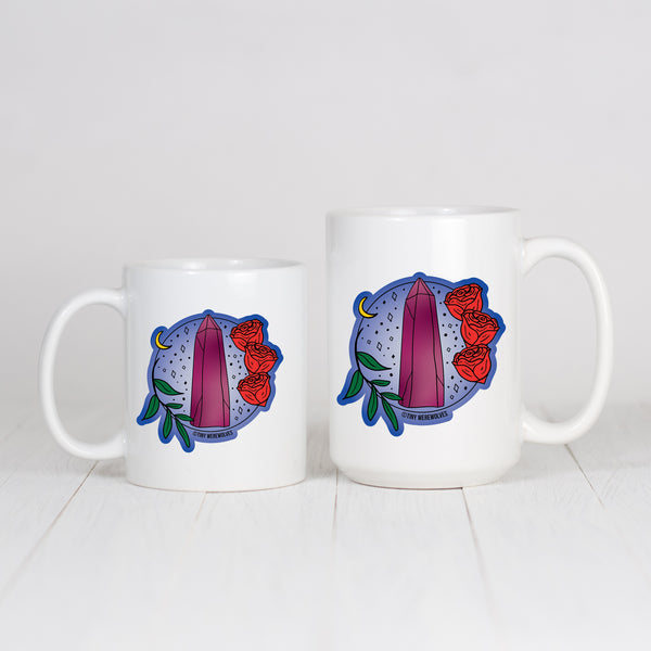 Based in Chicago by queer artist & designer Kayla Pekkala - Tiny Werewolves | June Crystal & Flower Birthstone Mug in | Shop to get your Mug with collections featuring retro-inspired designs infused with social commentary art, highlighting modern social & current events.