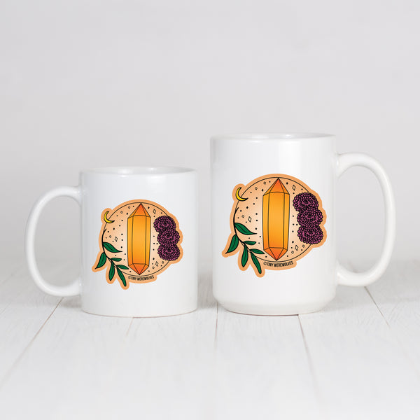 Based in Chicago by queer artist & designer Kayla Pekkala - Tiny Werewolves | November Crystal & Flower Birthstone Mug in | Shop to get your Mug with collections featuring retro-inspired designs infused with social commentary art, highlighting modern social & current events.