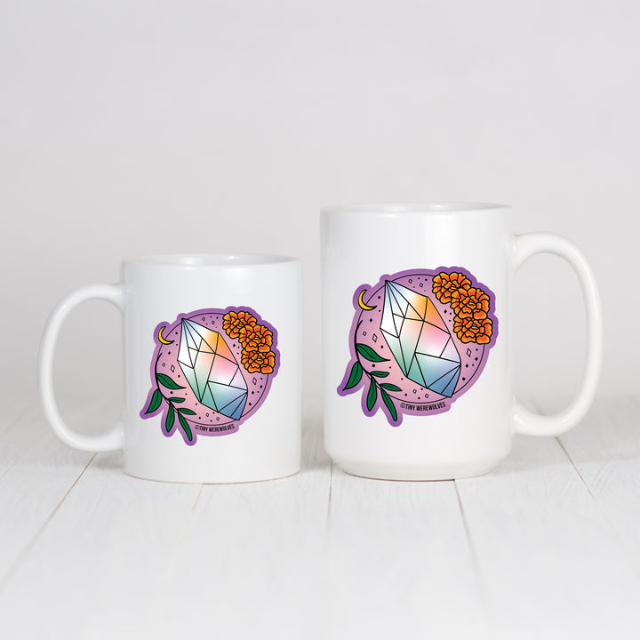 Based in Chicago by queer artist & designer Kayla Pekkala - Tiny Werewolves | October Crystal & Flower Birthstone Mug in | Shop to get your Mug with collections featuring retro-inspired designs infused with social commentary art, highlighting modern social & current events.