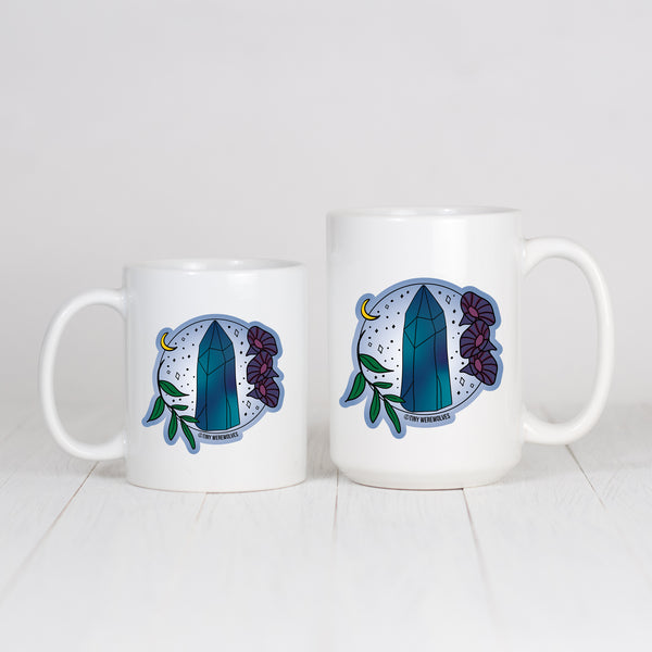 Based in Chicago by queer artist & designer Kayla Pekkala - Tiny Werewolves | September Crystal & Flower Birthstone Mug in | Shop to get your Mug with collections featuring retro-inspired designs infused with social commentary art, highlighting modern social & current events.
