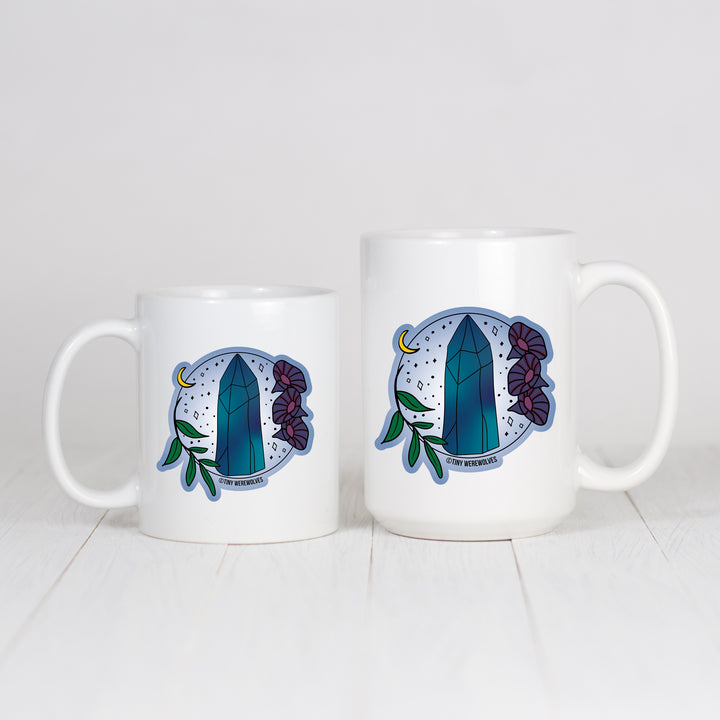 Based in Chicago by queer artist & designer Kayla Pekkala - Tiny Werewolves | September Crystal & Flower Birthstone Mug in | Shop to get your Mug with collections featuring retro-inspired designs infused with social commentary art, highlighting modern social & current events.