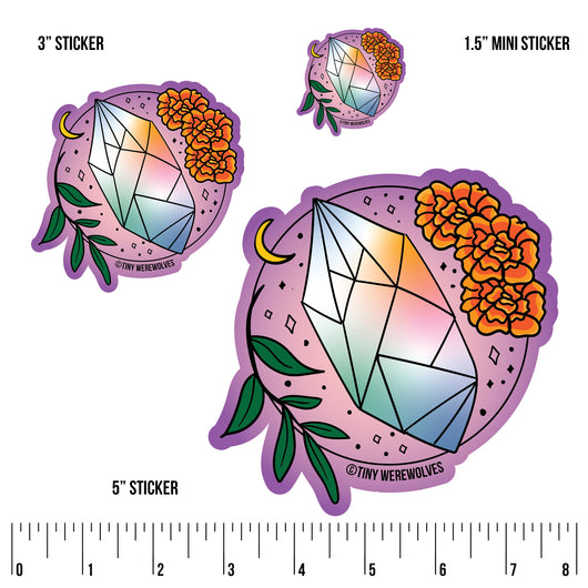 Based in Chicago by queer artist & designer Kayla Pekkala - Tiny Werewolves | October Crystal & Flower Birthstone Sticker in | Shop to get your Sticker with collections featuring retro-inspired designs infused with social commentary art, highlighting modern social & current events.
