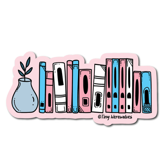 Based in Chicago by queer artist & designer Kayla Pekkala - Tiny Werewolves | Transgender Bookshelf Pride Sticker in | Shop to get your Sticker with collections featuring retro-inspired designs infused with social commentary art, highlighting modern social & current events.