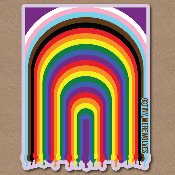 Based in Chicago by queer artist & designer Kayla Pekkala - Tiny Werewolves | Progressive Dripping Rainbow Sticker in | Shop to get your Sticker with collections featuring retro-inspired designs infused with social commentary art, highlighting modern social & current events.