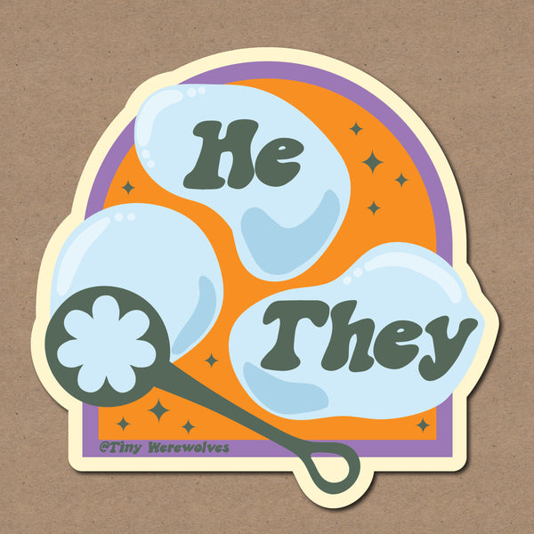 Based in Chicago by queer artist & designer Kayla Pekkala - Tiny Werewolves | He / They Pronouns Bubble Sticker in | Shop to get your Sticker with collections featuring retro-inspired designs infused with social commentary art, highlighting modern social & current events.
