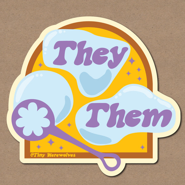 Based in Chicago by queer artist & designer Kayla Pekkala - Tiny Werewolves | They / Them Pronouns Bubble Sticker in 5" Sticker | Shop to get your Sticker with collections featuring retro-inspired designs infused with social commentary art, highlighting modern social & current events.