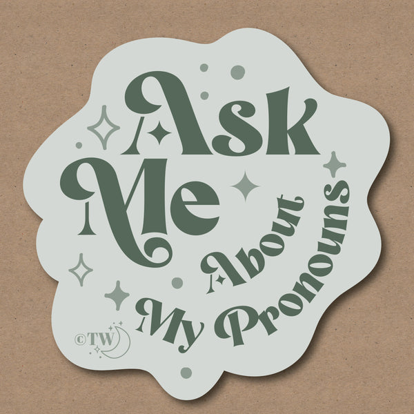 Based in Chicago by queer artist & designer Kayla Pekkala - Tiny Werewolves | Ask Me About My Pronouns Retro Stars Sticker in | Shop to get your Sticker with collections featuring retro-inspired designs infused with social commentary art, highlighting modern social & current events.