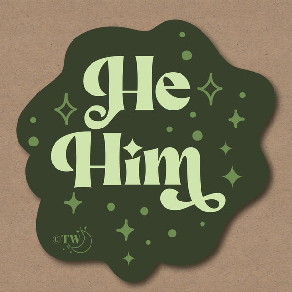 Based in Chicago by queer artist & designer Kayla Pekkala - Tiny Werewolves | He / Him Pronouns Retro Stars Sticker in | Shop to get your Sticker with collections featuring retro-inspired designs infused with social commentary art, highlighting modern social & current events.