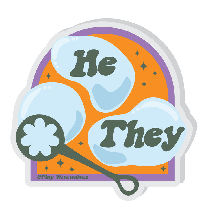 Based in Chicago by queer artist & designer Kayla Pekkala - Tiny Werewolves | He / They Pronouns Bubble Acrylic Pin in | Shop to get your Acrylic Pin with collections featuring retro-inspired designs infused with social commentary art, highlighting modern social & current events.