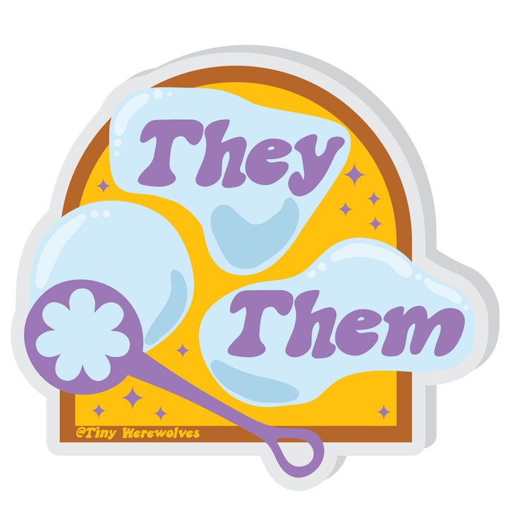Based in Chicago by queer artist & designer Kayla Pekkala - Tiny Werewolves | They / Them Pronouns Bubble Acrylic Pin in | Shop to get your Acrylic Pin with collections featuring retro-inspired designs infused with social commentary art, highlighting modern social & current events.