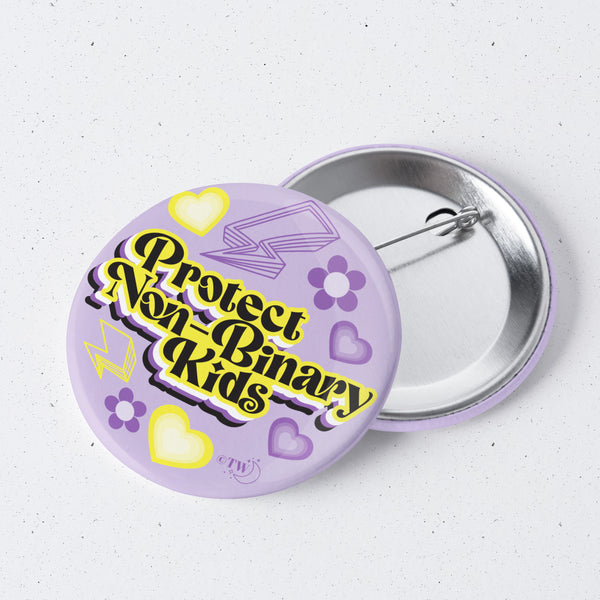 Based in Chicago by queer artist & designer Kayla Pekkala - Tiny Werewolves | Retro Protect Non-Binary Kids 1" Mini Button Pin in | Shop to get your Metal Pinback Button with collections featuring retro-inspired designs infused with social commentary art, highlighting modern social & current events.