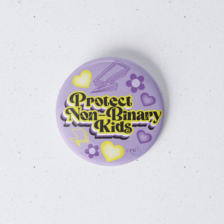 Based in Chicago by queer artist & designer Kayla Pekkala - Tiny Werewolves | 3 Pack Retro Protect T/NB/Q Kids Button Pins in | Shop to get your Metal Pinback Button with collections featuring retro-inspired designs infused with social commentary art, highlighting modern social & current events.