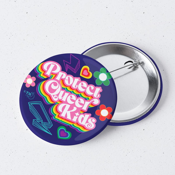 Based in Chicago by queer artist & designer Kayla Pekkala - Tiny Werewolves | Retro Protect Queer Kids 1" Mini Button Pin in | Shop to get your Metal Pinback Button with collections featuring retro-inspired designs infused with social commentary art, highlighting modern social & current events.