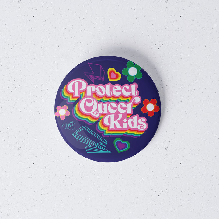 Based in Chicago by queer artist & designer Kayla Pekkala - Tiny Werewolves | 3 Pack Retro Protect T/NB/Q Kids Button Pins in | Shop to get your Metal Pinback Button with collections featuring retro-inspired designs infused with social commentary art, highlighting modern social & current events.