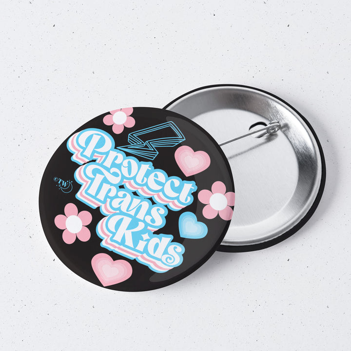 Based in Chicago by queer artist & designer Kayla Pekkala - Tiny Werewolves | Retro Protect Trans Kids 1" Mini Button Pin in | Shop to get your Metal Pinback Button with collections featuring retro-inspired designs infused with social commentary art, highlighting modern social & current events.