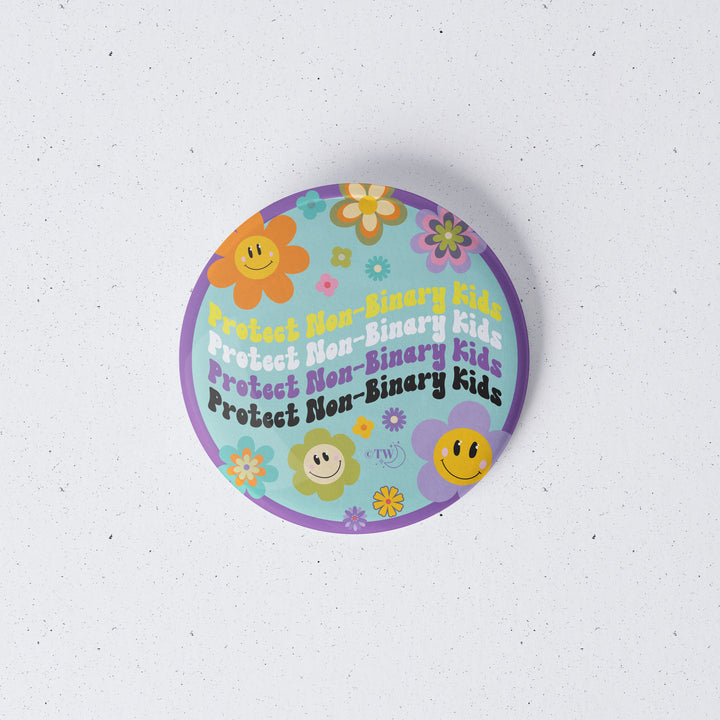 Based in Chicago by queer artist & designer Kayla Pekkala - Tiny Werewolves | Retro Flower Protect Non-Binary Kids 1" Mini Button Pin in | Shop to get your Metal Pinback Button with collections featuring retro-inspired designs infused with social commentary art, highlighting modern social & current events.