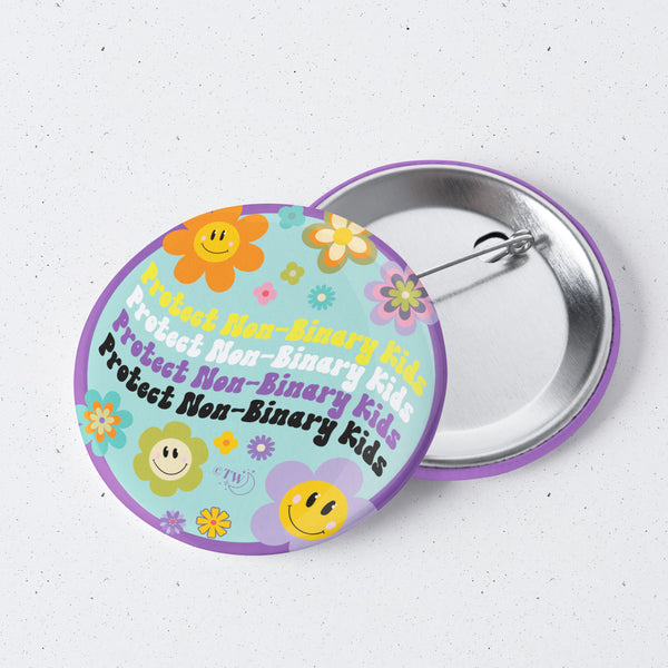 Based in Chicago by queer artist & designer Kayla Pekkala - Tiny Werewolves | Retro Flower Protect Non-Binary Kids 1" Mini Button Pin in | Shop to get your Metal Pinback Button with collections featuring retro-inspired designs infused with social commentary art, highlighting modern social & current events.