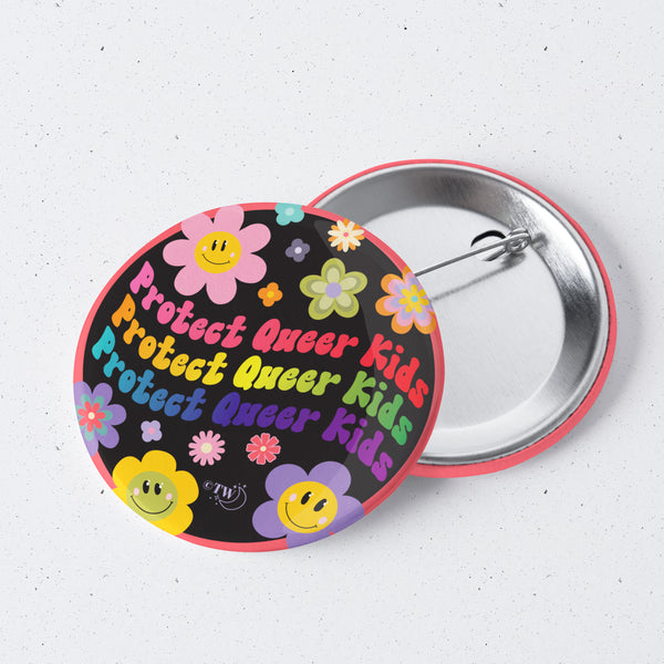 Based in Chicago by queer artist & designer Kayla Pekkala - Tiny Werewolves | Retro Flower Protect Queer Kids 1" Mini Button Pin in | Shop to get your Metal Pinback Button with collections featuring retro-inspired designs infused with social commentary art, highlighting modern social & current events.
